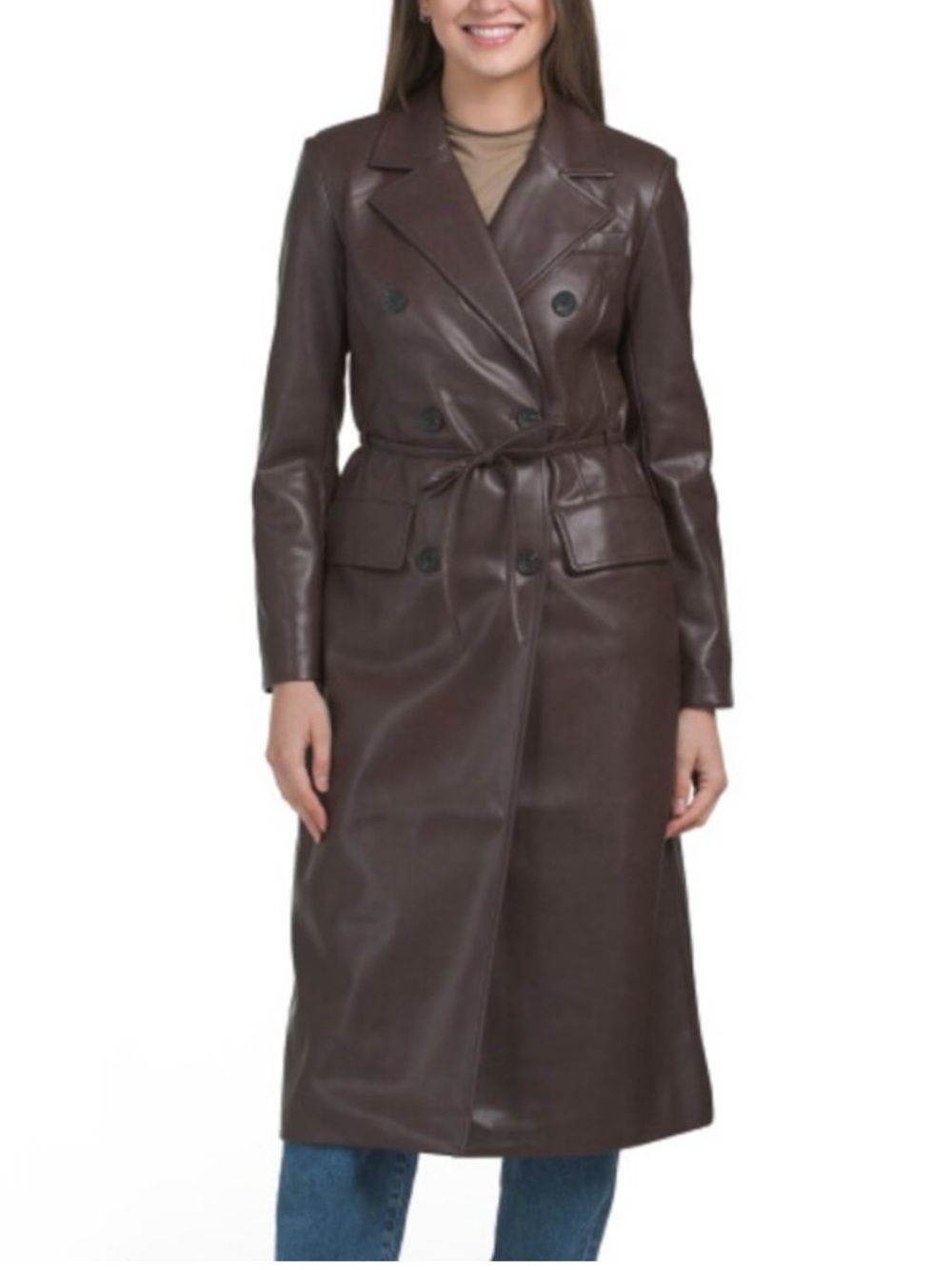 Avec Les Filles Brown Faux Leather Double-Breasted Coat XS new with tags